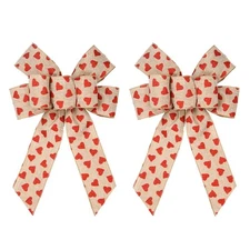 2 PCS Valentine's Day Burlap Craft Gift Bows for Wreath Red Heart Bows