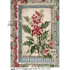 Decoupage Queen - AB Studios Rice Paper Holly & Flowers Vintage Frame A4