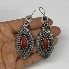 26.1g, 3.1"x1.1" Turkmen Earring Tribal Jewelry Carnelian Marquise Boho, B14309