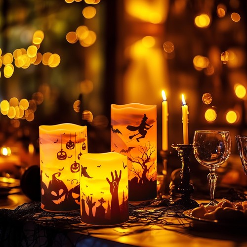 Halloween LED Candles Set of 3 - Flickering Flameless Pillar Candles with Timer - Picture 4 of 6
