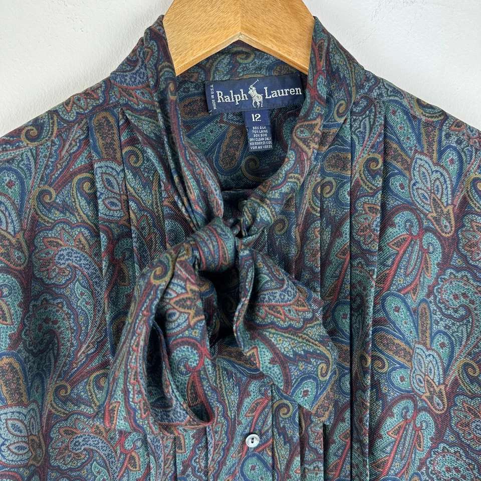 Blusa Ralph Lauren Para Mujer 12 Lana Seda Paisley Años 80 De Colección, Lazo en el Coño, Hecha en Unión Foto 2 de 4