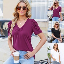 Ladies Puff Sleeve T Shirts Summer Casual Plain Tee Tops V-neck Blouse SIZE 6-20