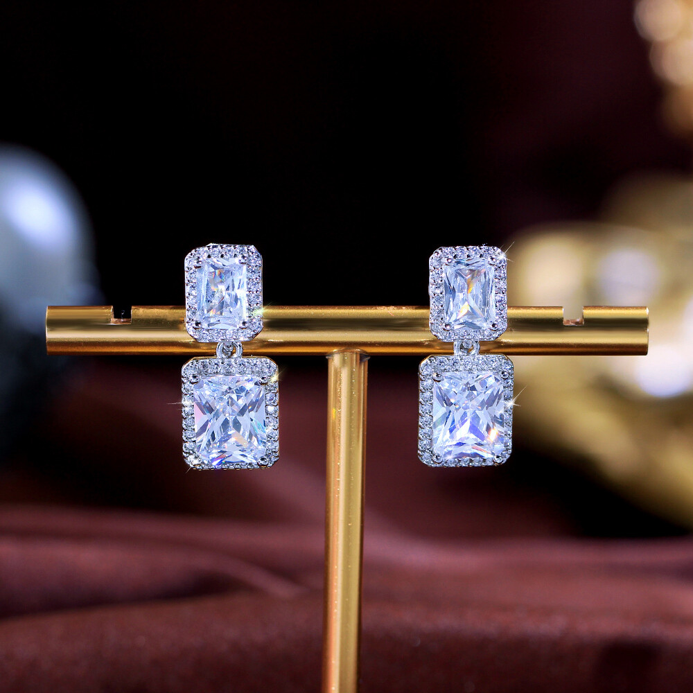 Dazzling Baguette Zircon Crystal Clip On Non Pierced Drop Earrings Silver Plated