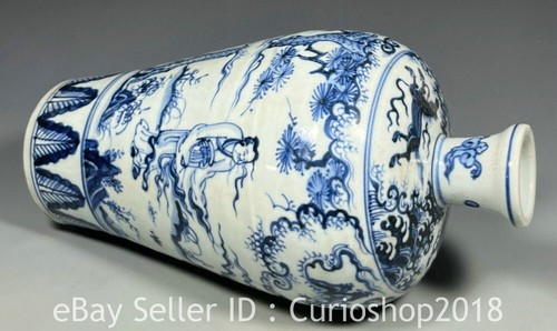 Jarrón Prunus 13" Ming Tianqi Marcado Azul Blanco Porcelana Personaje Historia Patrón - Imagen 8 de 9