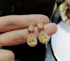 Yellow Pear Tear Drop Dangle Earrings Cubic Zirconia Womens Gift Anniversary