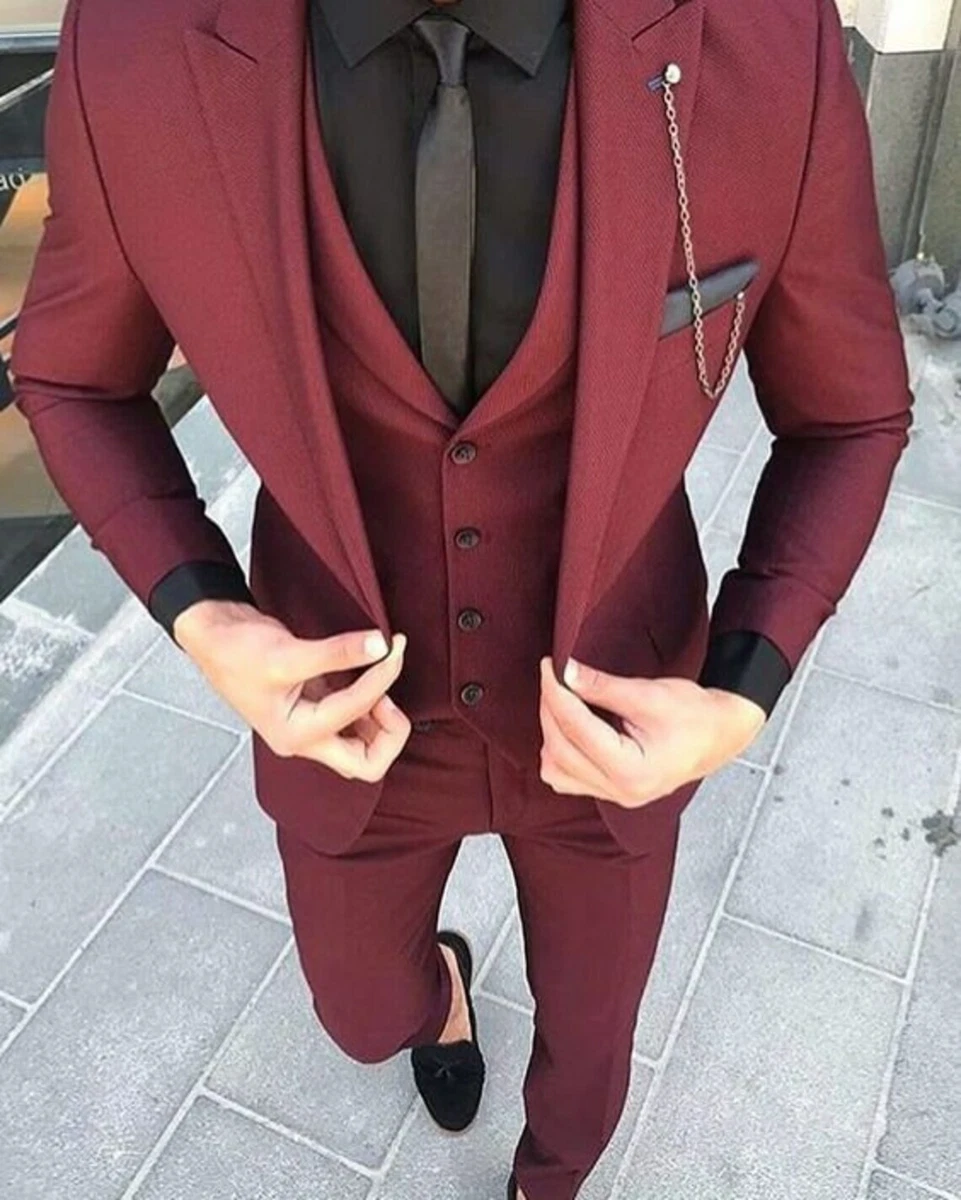 Men Suit Burgundy Slim Fit Formal Business Party Prom Groom Tuxedo Wedding  Suit | eBay