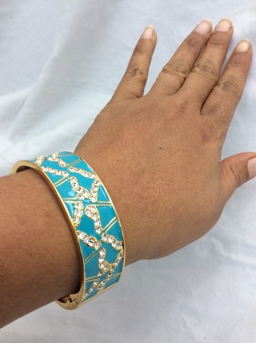 Beautiful vtg Kate Spade Turquoise Enamel Crystal Gold Tone bracelet - Picture 2 of 6