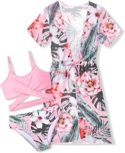 Girls Swimsuit 3 Piece Tropical Print Bikini Set 13-14 Years, Pink