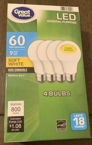 4 LED Bulbs 60W Equivalent Non-Dimmable - Soft White.20,000 Hour Life. - Picture 1 of 4