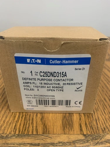 Eaton C25DND315A "New" 3P 20A 120VAC Definite Purpose Contactor Quick Connect
