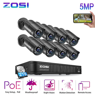 ZOSI H.265+5MP PoE Home Security Camera System NVR Recorder with 2TB HDD Outdoor