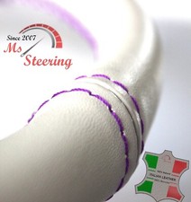 FOR GMC ACADIA 07-13 CREME LEATHER STEERING WHEEL COVER, PURPLE 2 STIT