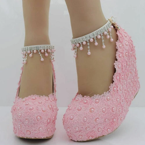 Frauen-Faux-Perlen-Spitze-Keil-Sandalen-Absatz-Plattform-Hochzeits-Braut-Schuhe - Bild 3 von 16
