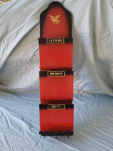 VINTAGE RED Tin 3 Slot Letter Mail Sorter Wall Hanging 5" x 21" Metal RETRO - Picture 5 of 8
