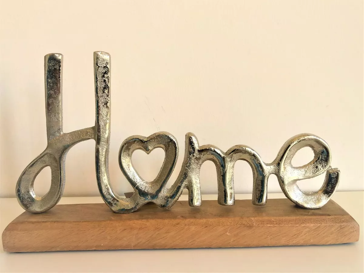 Silver Metal HOME Letters Word Ornament on Wooden Base Aluminium Home Decor