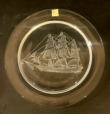 Vintage Lalique 8.5" Clear Crystal Glass Plate Nautical Sailboat Boat Ship
