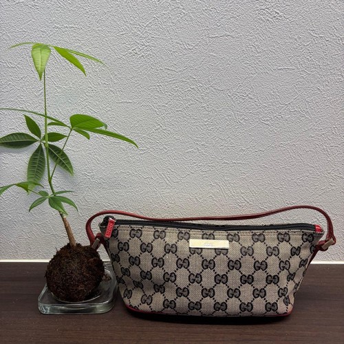 GUCCI GG Canvas Red Leather Accessory Pouch Handbag Black GG Pattern Vintage