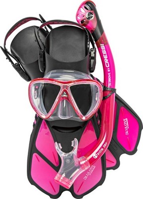 Snorkeling Set Mask Fins Breathing Tube Translucent Pink L XL Cressi Ocean Sets