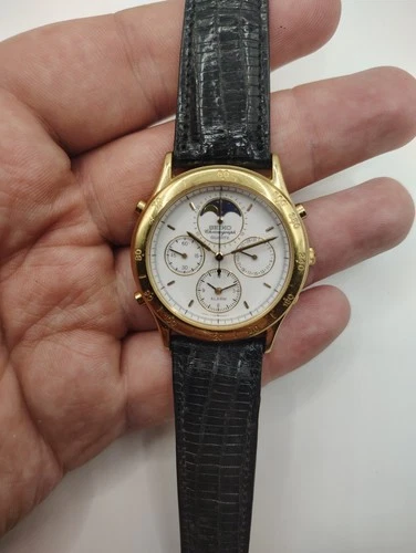 Vintage Seiko Moonphase  Chronograph Alarm Watch. Orig Seiko Lizard Strap. Works