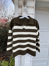 NWT Talbots Pretty Olive Cream Stripe Collared Long Sleeve V- Neck Sweater 2X