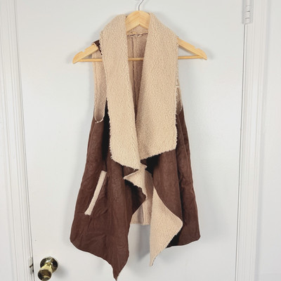 Hem & Thread Womens S Vest Jacket Sherpa Lined Faux Suede Brown Boho