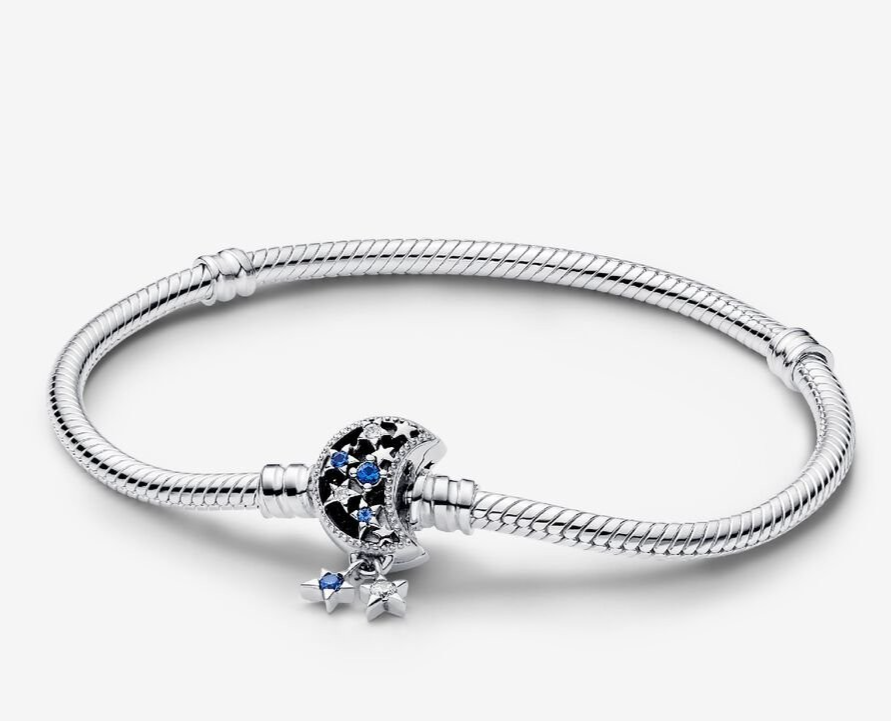 Pandora 925 Silver Moon Clasp Snake Chain Bracelet 7.1 Inch Sparkling Elegant