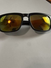 SPY Helm Sunglasses Black Frame Yellow Mirror Lens Block Logo Sport Wrap Shades