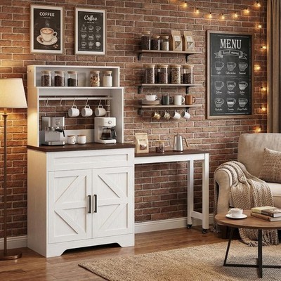 Farmhouse Coffee Bars Cabinet 57'' Extendable Table W/ Locking Wheels Magnetic