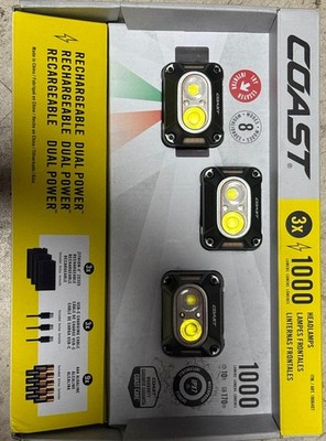 Coast CH1000R 1000-Lumen Headlamp 3-Pack   Rechargeable Dual Power IPX7
