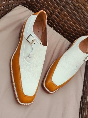 Handmade Tan & White Premium Quality Monk Straps Men's Grain Leather Dress Shoes