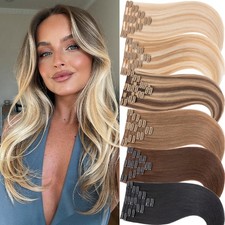 CLEARANCE REAL REMY Human Hair Extensions 8PCS Clip In Full Head Balayage Ombre