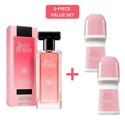 Avon Sweet Honesty Gift Set Cologne 1.7 oz + 2 Roll-On Deodorant PACK OF 3 NEW