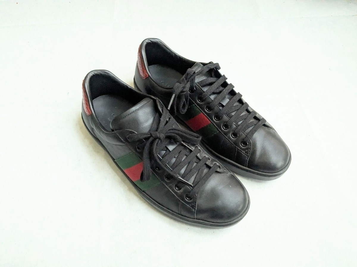 Gucci Ace Sneakers Stripe Web Black Men 8 Leather Shoes Low Tops