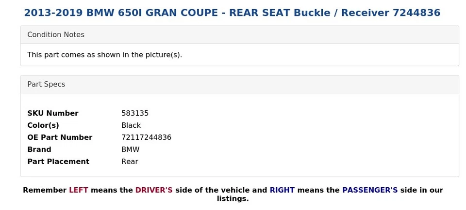 BMW 650I 2013-2019 gran cupé - asiento trasero hebilla/receptor 7244836 Foto 3 de 4