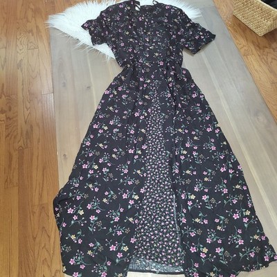 Coco Bianco Vintage  Maxi Dress Size 18 Black Floral V-Neck Smocked Rayon 832044