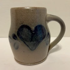 Vtg Handmade Rowe Pottery Works  Coffee Cup Blue Heart Salt Glaze Mug 1989-WI