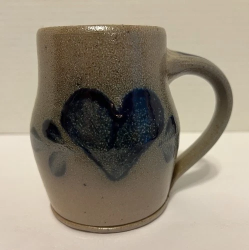 Vtg Handmade Rowe Pottery Works Coffee Cup Blue Heart Salt Glaze Mug 1989-WI