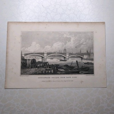 Original 1827 Engraving Of Southwark Bridge From Bank Side Thomas Shepherd