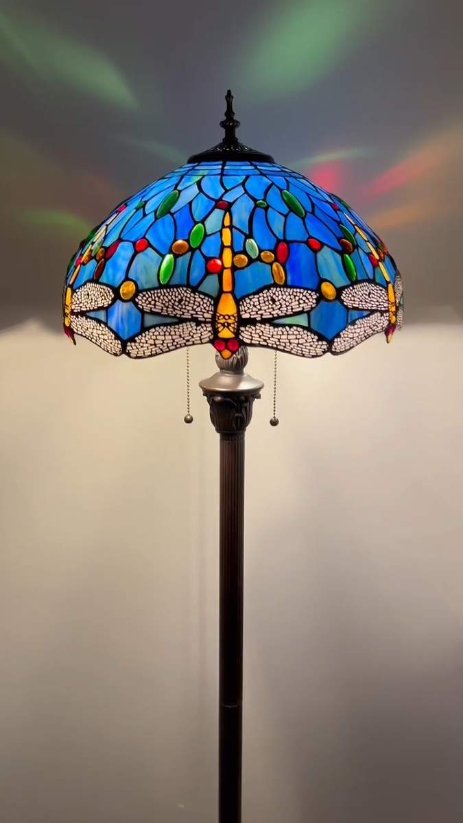 Tiffany Style Floor Lamp Blue Stained Glass Dragonfly LED Bulbs 16