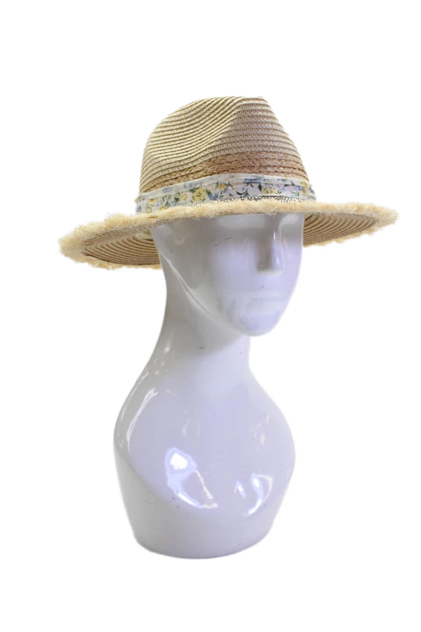 Sweet + Sunday Womens Frayed Edge Beaded Trim Sunhat Beige Multi OS