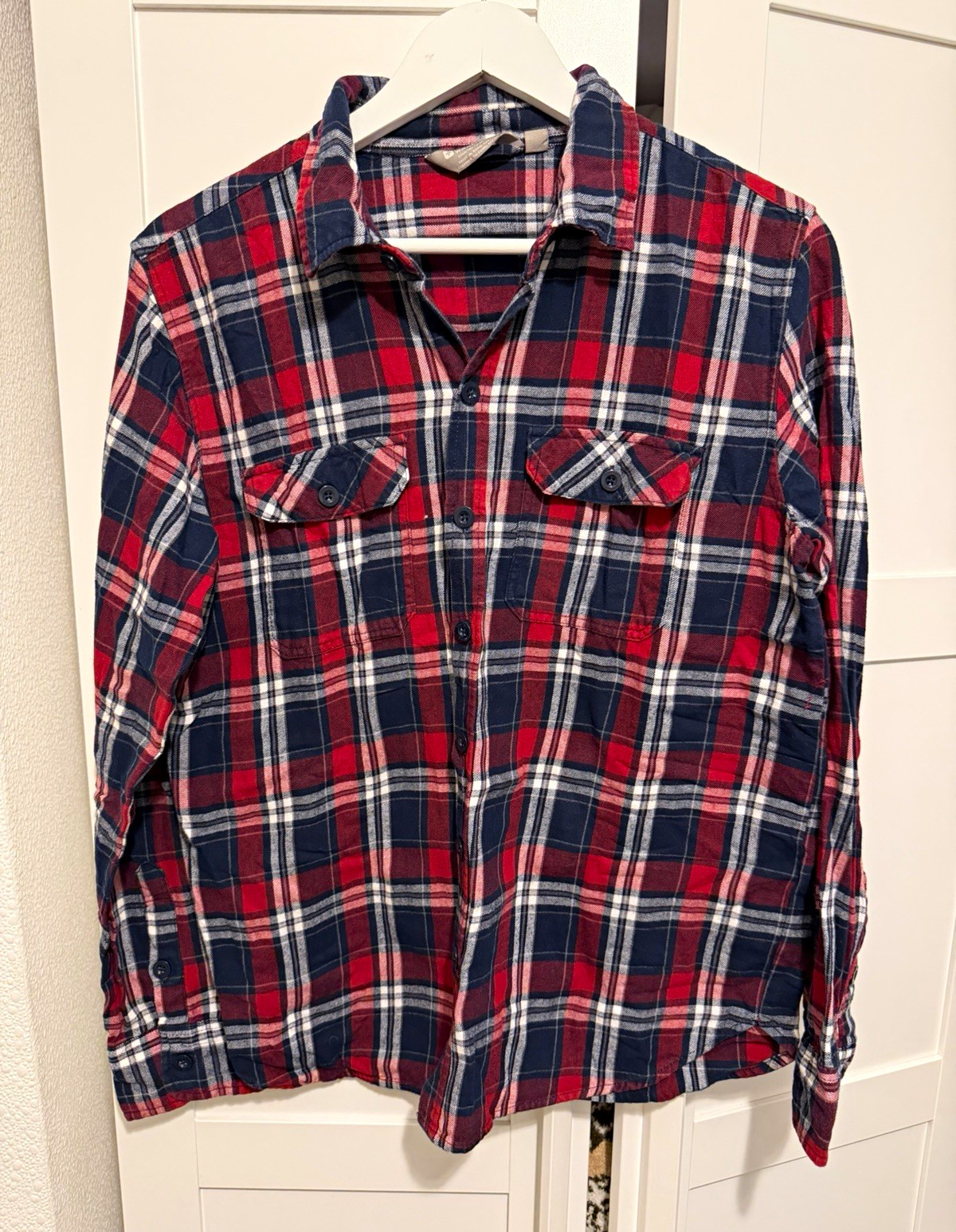 Mountain Warehouse Men's L Cotton Flannel Plaid Shirt Red Blue White Pockets