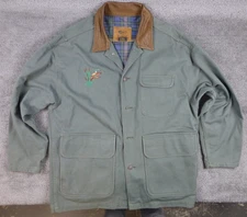 International Denim Chore Coat Heavy Trim Embroidery Duck Grey Blue Flannel Med