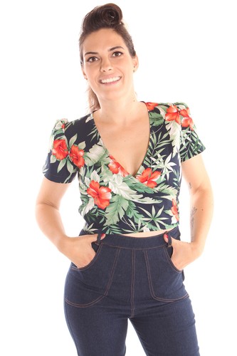 Hawaiimuster retro rockabilly Blüten Kurzbluse Wickel Bluse - Picture 2 of 10