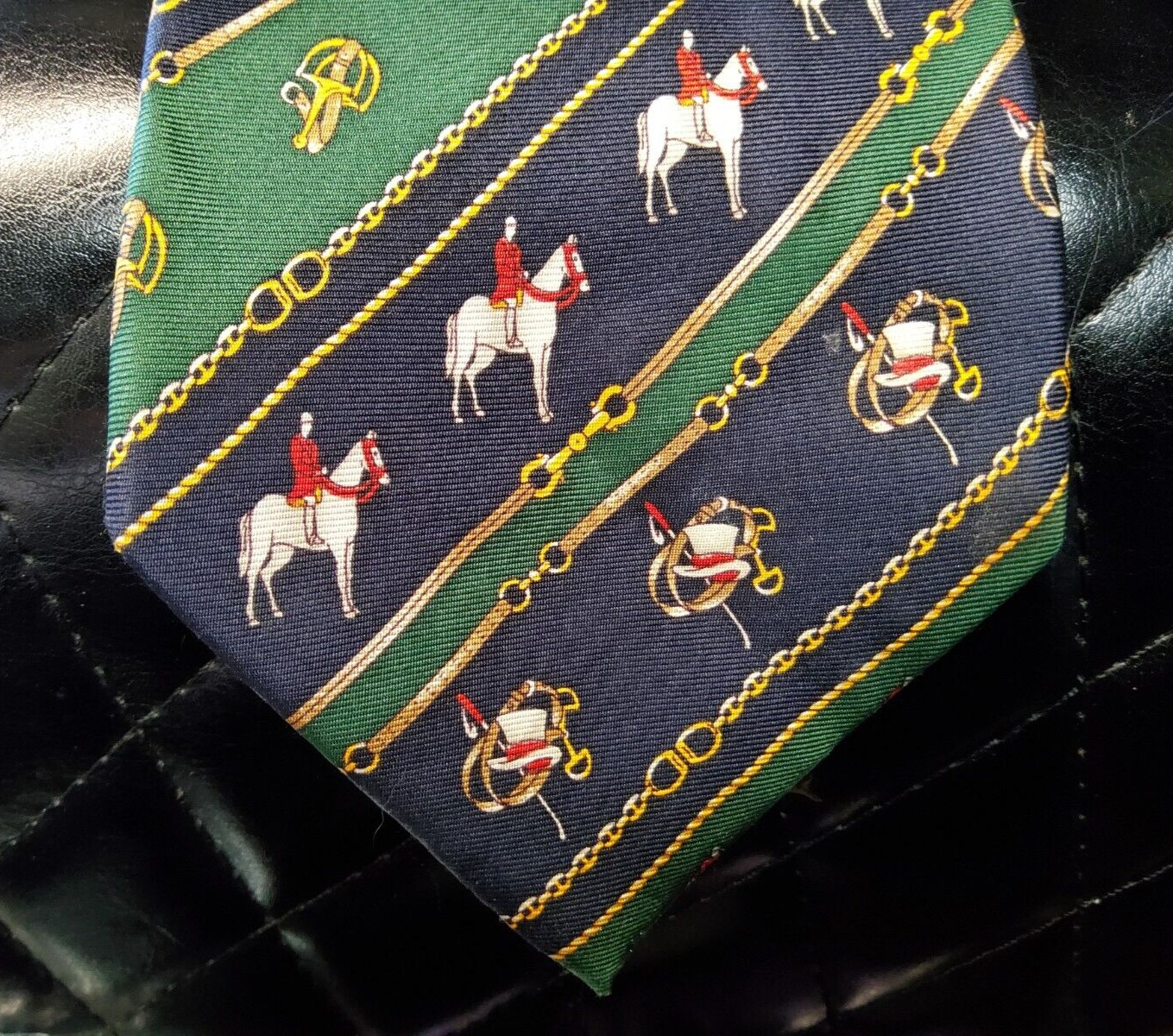 EQUESTRIAN theme greens blues 100 silk NECK TIE Mens… Gem