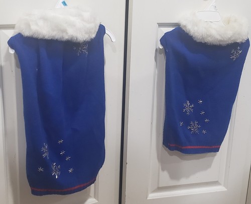 2 TWO Blue Knit Dog Sweater Snowflake. Faux Fur Collar. L-XL. 
