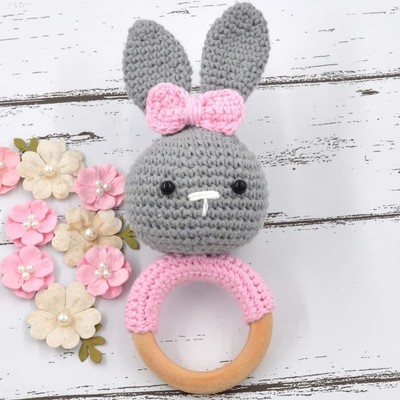 Animal Shape Crochet Rattle Cum Soft Toy for Kids Gift Item, Bunny Rabbit - Gray