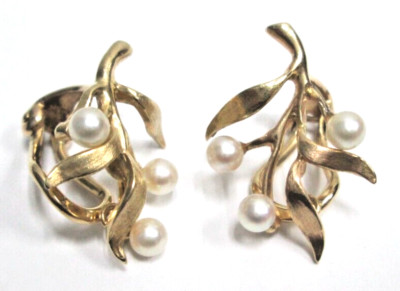 WUNDERSCHÖNE Vintage massive 14k Gelbgold Zweig Ohrringe mit Perlen CLIP-ON ELEGANT