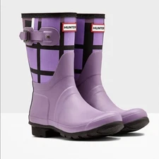 HUNTER Short Tartan Purple Plaid Waterproof Rain Boots Womens Size 9 NeW