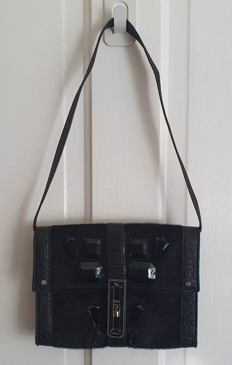 Fiorelli Small Black Short Shoulder Bag Faux Fur Crystal Animal Print  NEW