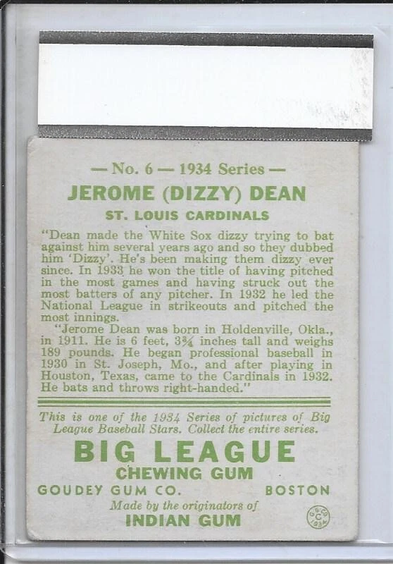1934 GOUDEY BASEBALL #6-DIZZY DEAN-PSA 2.5 GOOD+-SG,LLC 1295724-068-FREE SHIP WW - Image 2 of 3